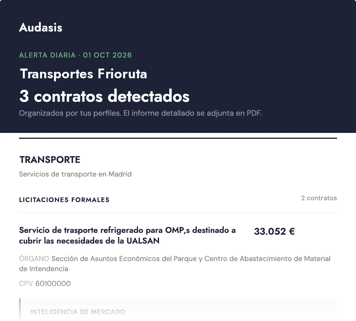 Correo de alerta de Audasis: cabecera con la fecha y el número de contratos detectados, el perfil de transporte y una licitación de transporte refrigerado con su importe, su órgano y su CPV.